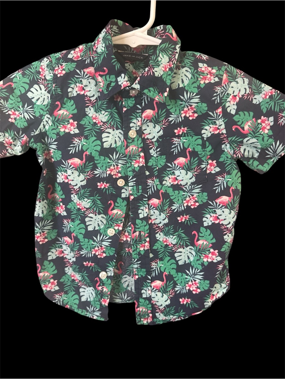 Janie and Jack Navy Button-Up Shirt with Pink Flamingos & Green Tropical Leaves
